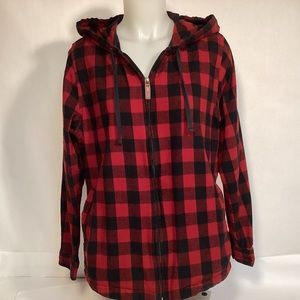 L.L. Bean Womens Relaxed Fit Plaid Hoodie size large Red and Black zip up